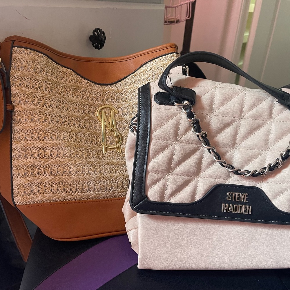 BUNDLE Steve Madden Peach and Black Quilted Shoulder Bag , Brown Bag